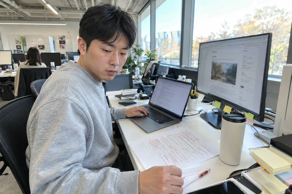 대행사 사무실에서 마케터가 병원 블로그 원고를 쓰고 검수하는 모습