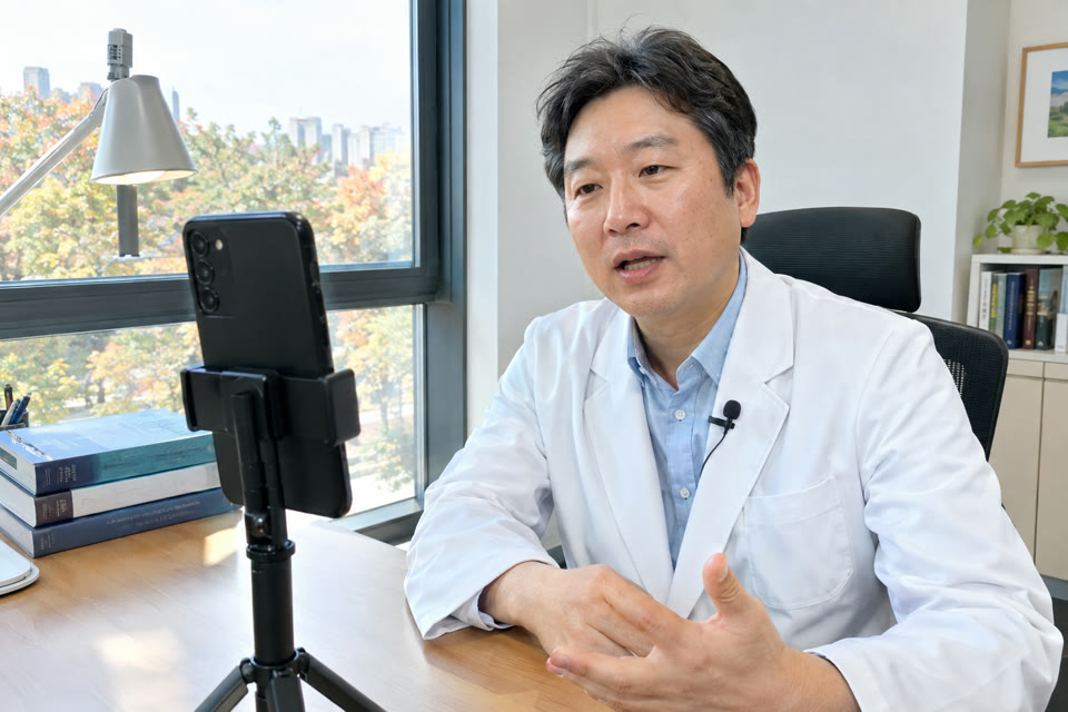 원장이 진료실 책상에서 휴대폰 삼각대를 보며 직접 설명하는 영상을 촬영하는 모습