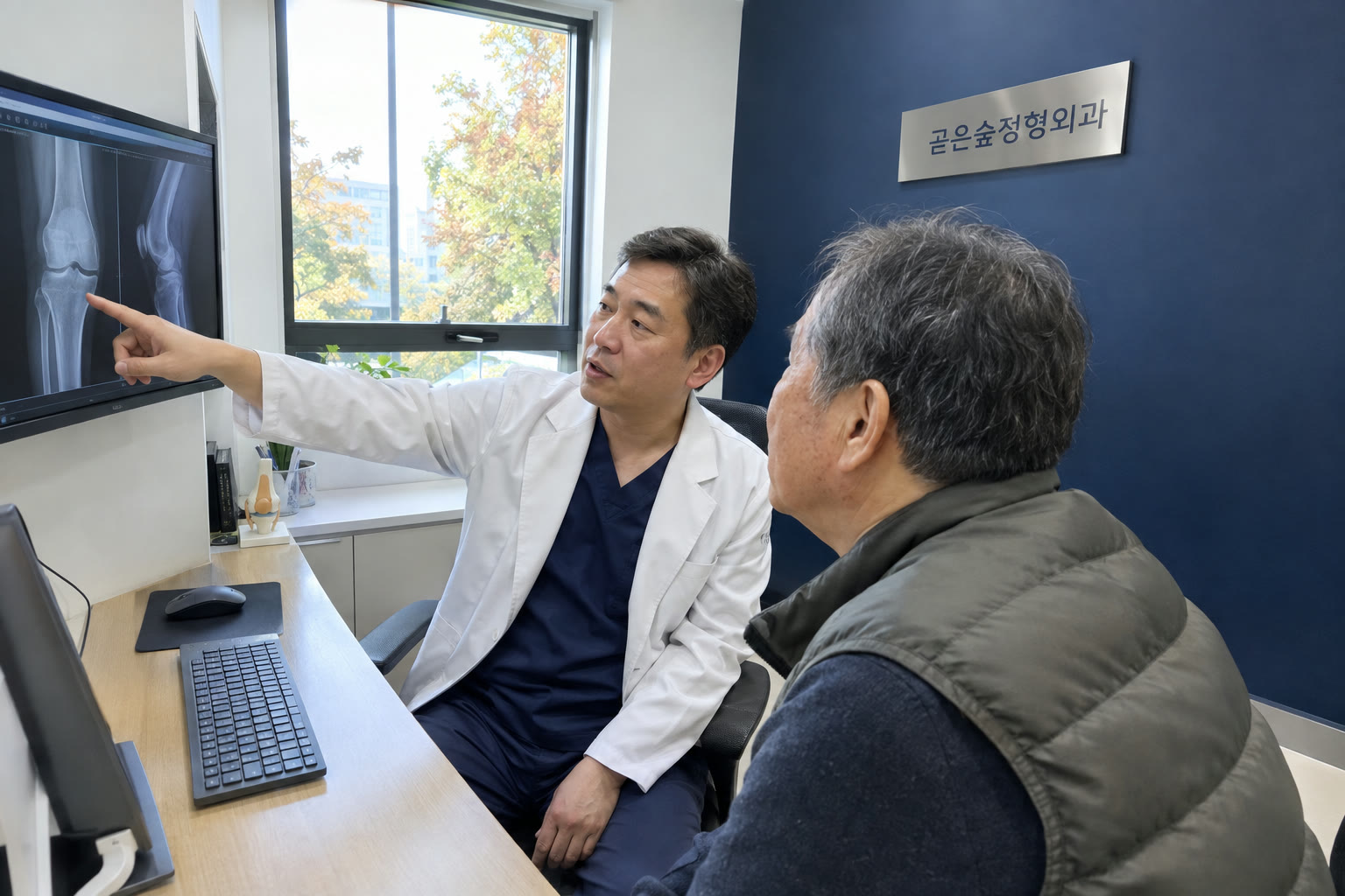 상담실에서 원장이 환자와 함께 무릎 엑스레이를 보며 설명하는 모습